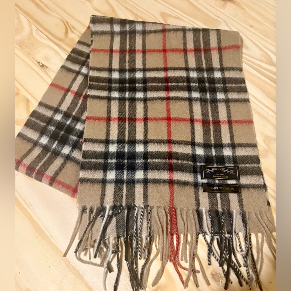 Classic Beige Plaid Scarf with Fringe